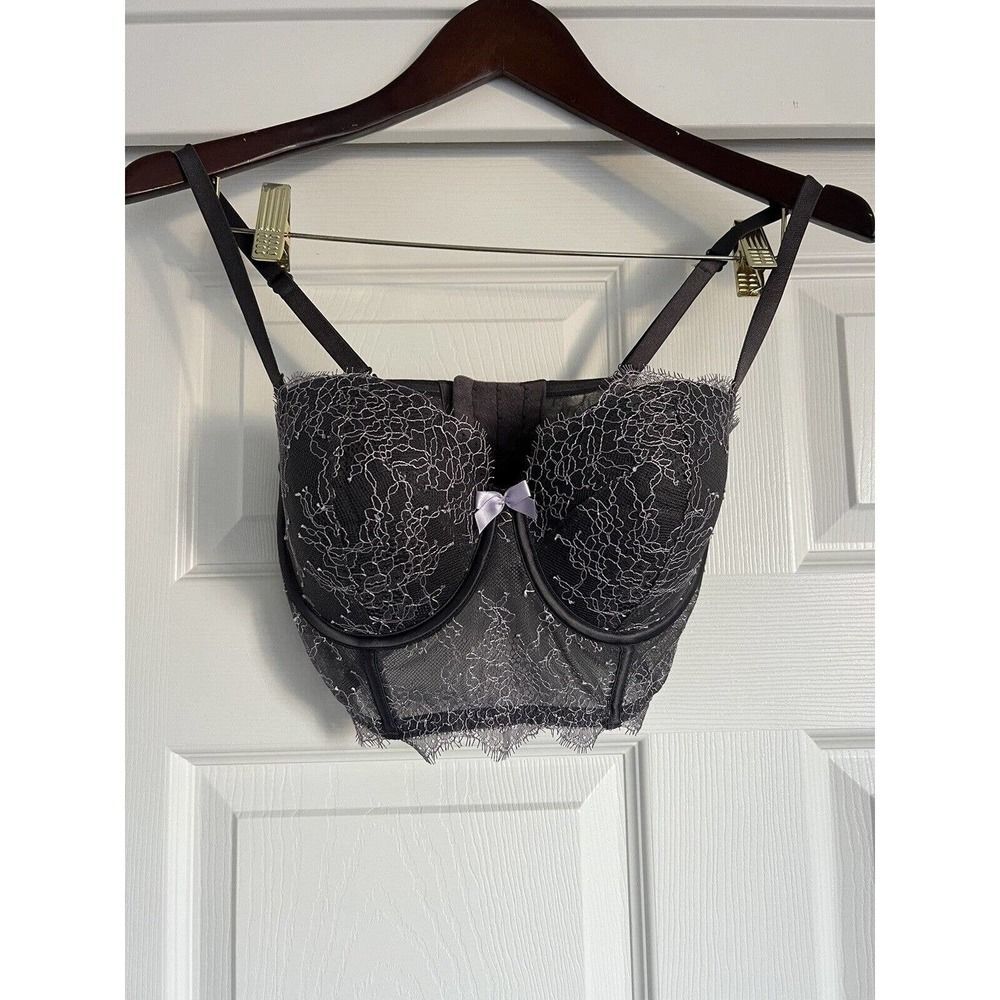 Victoria Secret Very Sexy Demi Bustier Gray/Purple Lace 34D Removable Straps